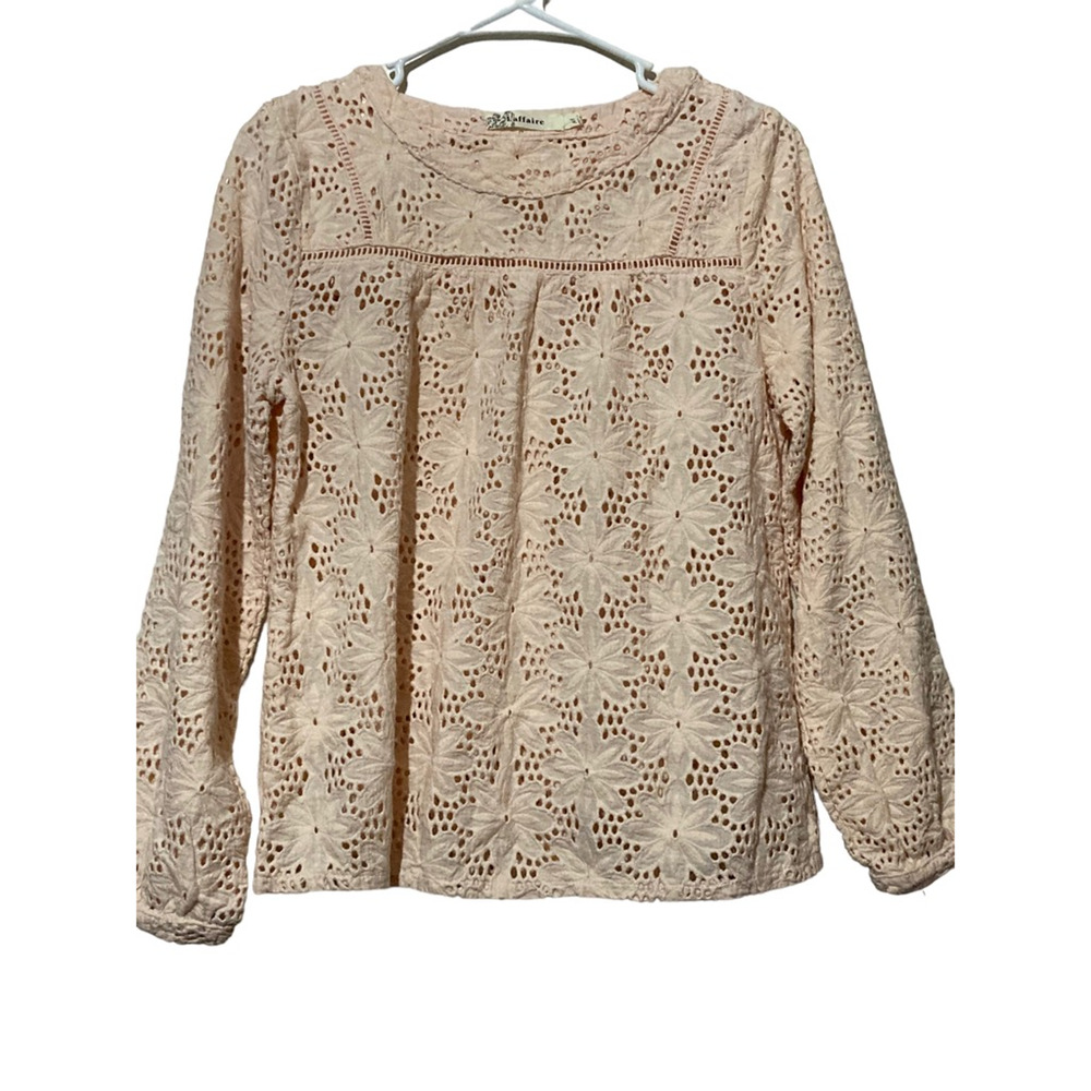 Laffaire Womens Casual‎ Top Pink Eyelet Floral Long Sleeve Jewel Neck M